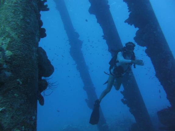 Passando por entre os pilares submersos de South Pier, no sul de Bonaire